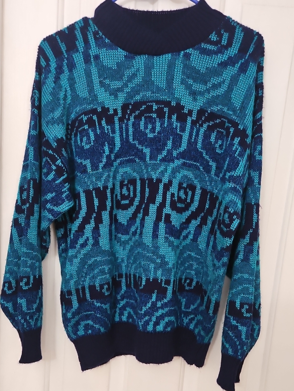 Vintage Garland Blue Swirl Pattern Teal Blue Sweater Sz M-L Made In USA